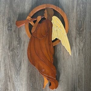 Vintage wooden Christmas angel wall art carving. Rustic cottagecore farmhouse